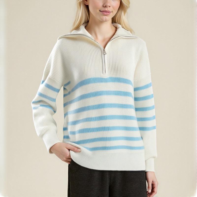 Vintage Striped Loose Commuter Half Zipper Lapel Pullover Sweater Autumn and Winter Women's New Knitted Sweater