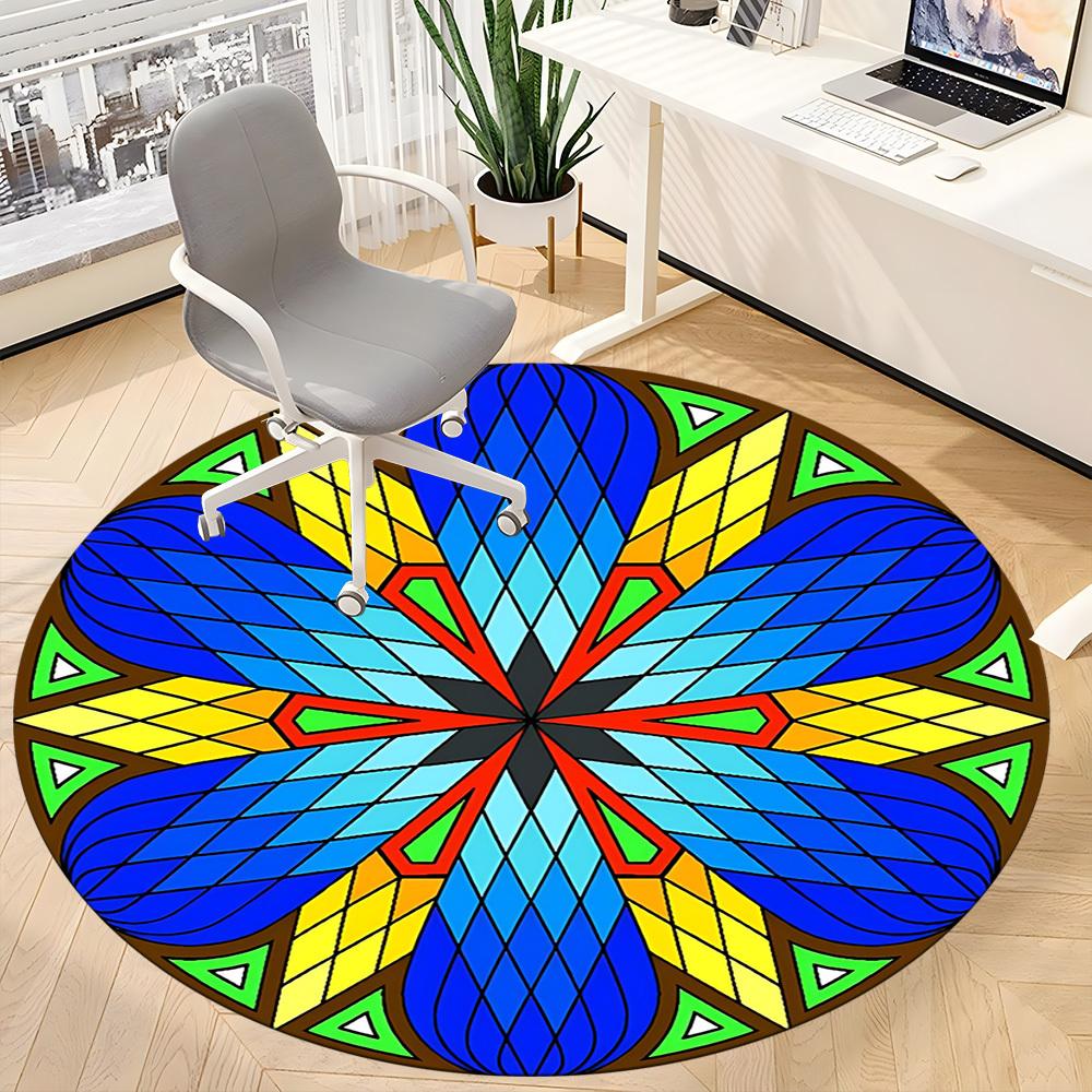 1pc Mandala Stained Glass Office Round Rug, Non-slip, Soft and Durable Office Rug for Interior Decoration, Perfect for Office, Beautiful Decoration yy