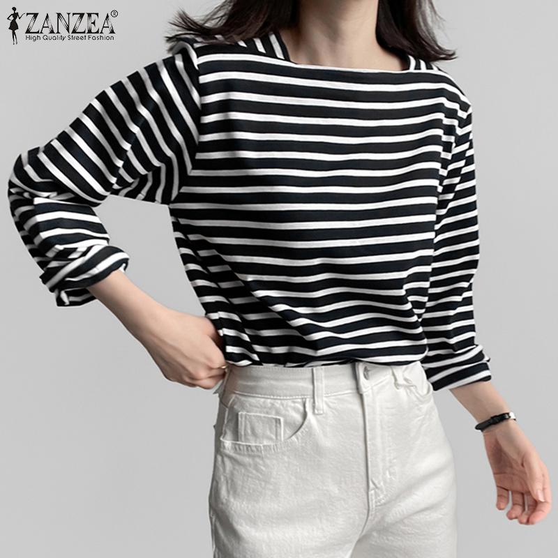 ZANZEA Women Casual Square Collar Long Sleeve Stripe Blouse