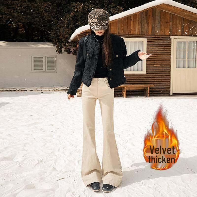 Retro Plush Hip-Enhancing Flare Jeans for Women - Autumn Low-Mid Waist Stretch Slim Fit XS