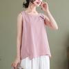 O-Neck Sleeveless Side Split Hem Loose Fit Retro Vest Women Summer Embroidery Pattern Top Streetwear