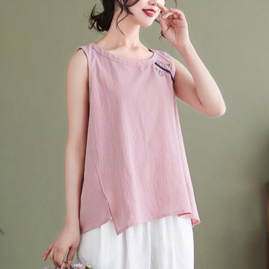 O-Neck Sleeveless Side Split Hem Loose Fit Retro Vest Women Summer Embroidery Pattern Top Streetwear