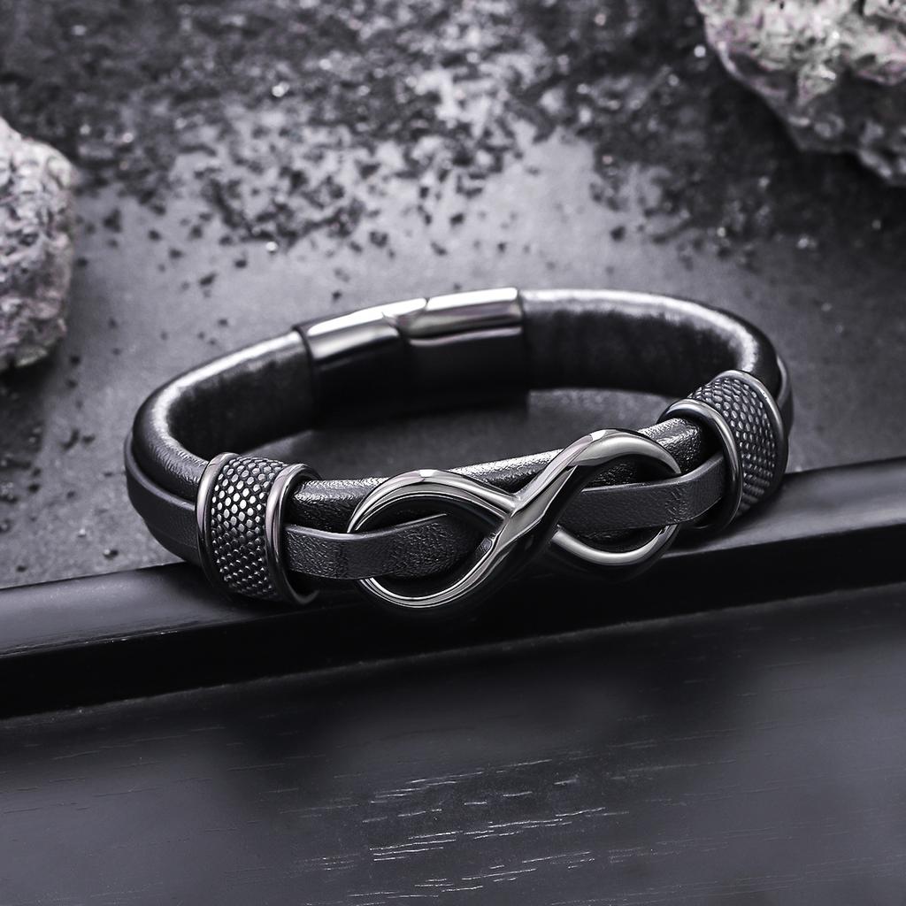 8-character leather braided bracelet with unique retro style stainless steel clasp jewelry for both men and women