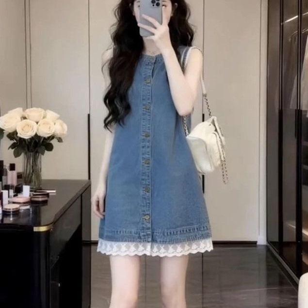 Korean Summer Denim Dress for Women, Petite with Lace Trim, Slimming Casual Sleeveless Short Skirt, New Patchwork