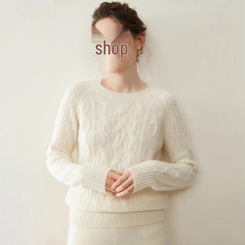 

Женский кашемировый свитер крупной вязки «косы» - Утолщенный 3-слойный, с круглым вырезом, пуловер с длинным рукавом, с бархатной вставкой по центру и шерстью. Medium белый