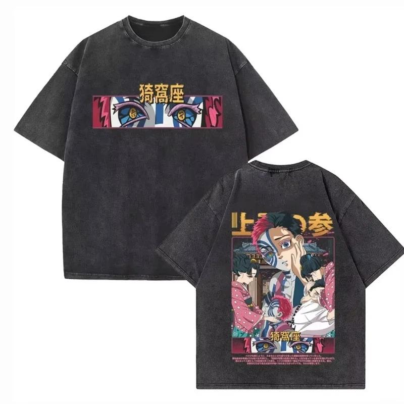 Demon Slayer Akaza Oboustranný Grafický Potisk Vintage Vypraná Nadměrná Anime Streetwear Tričko