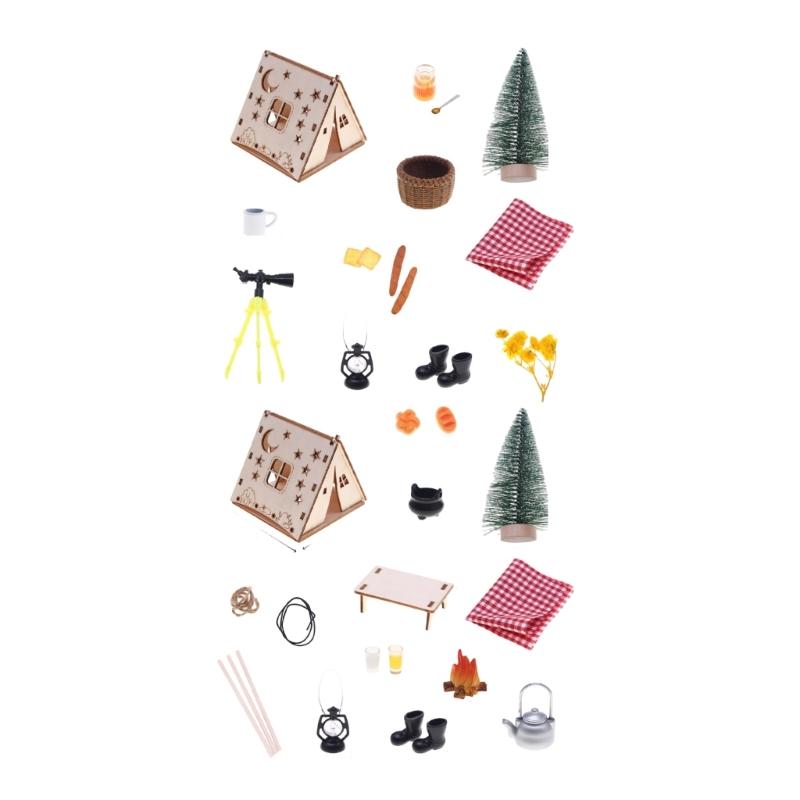 Wooden Tent Assembly Kits For Kids Doll House Camping Scene Display Furniture Outdoor Picnic Scene Decoration Model Set
