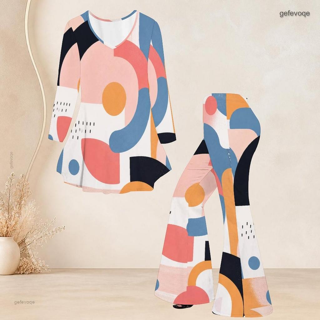 Women Plus Size V Neck Three Quarter Sleeve Printed Flared Top And Flared Pants Two Piece Set