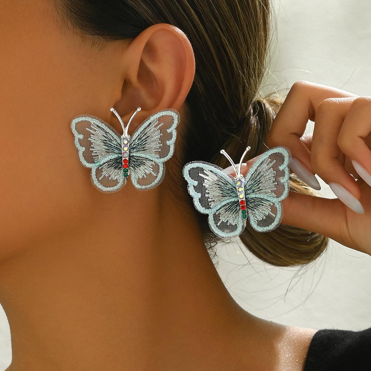 

1 пара модных элегантных тканевых сережек-бабочек со стразами для женщин, повседневная одежда, свидания, подарки, вечеринки Size-one size