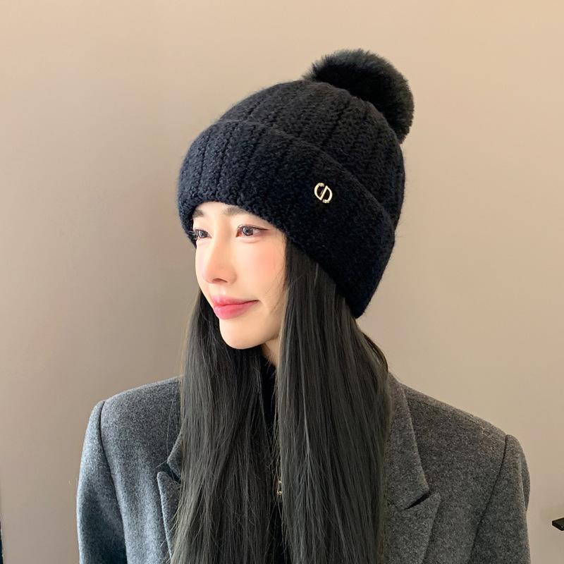 Rabbit Fur Knitted Hat Women's Autumn and Winter Warm Wool Hat New Velvet Ear Protector