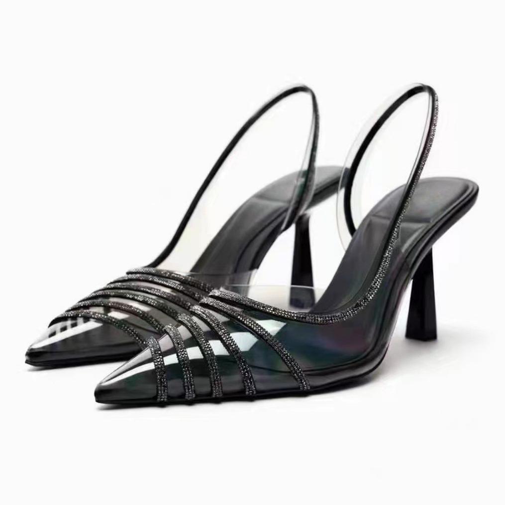 High Heeled Sandals for Women Sexy Clear PVC Ladies Party Shoes Luxury Rhinestones Brand Designer Summer Slingback Footwear