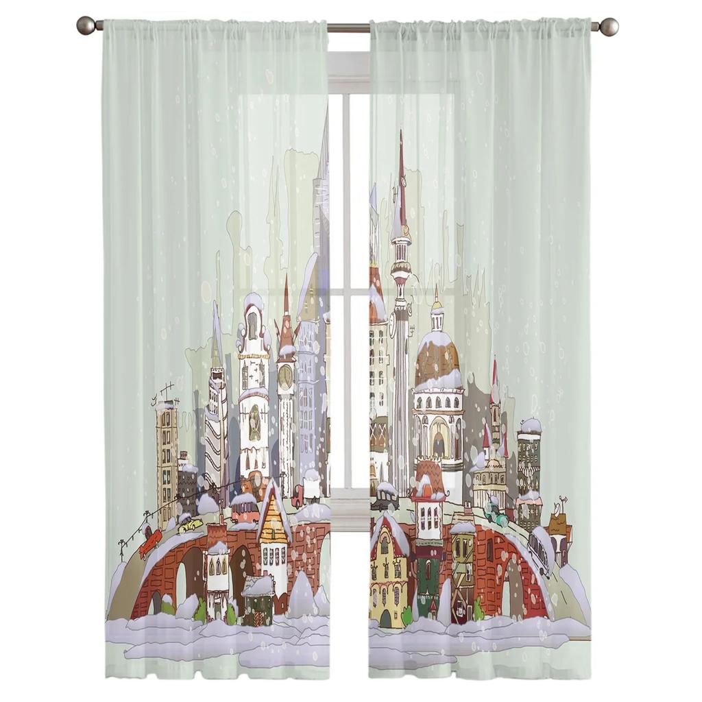 Christmas City Houses Building Castle Chiffon Sheer Curtains for Living Room Bedroom Decoration Window Voiles Tulle Curtain