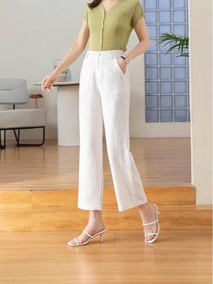 Tencel Linen Wide-Leg White Pants for Women - Elastic Waist, Straight Nine-Point Casual OL Professional Style.