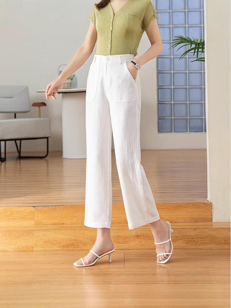 

Tencel Linen Wide-Leg White Pants for Women - Elastic Waist, Straight Nine-Point Casual OL Professional Style. Size 32