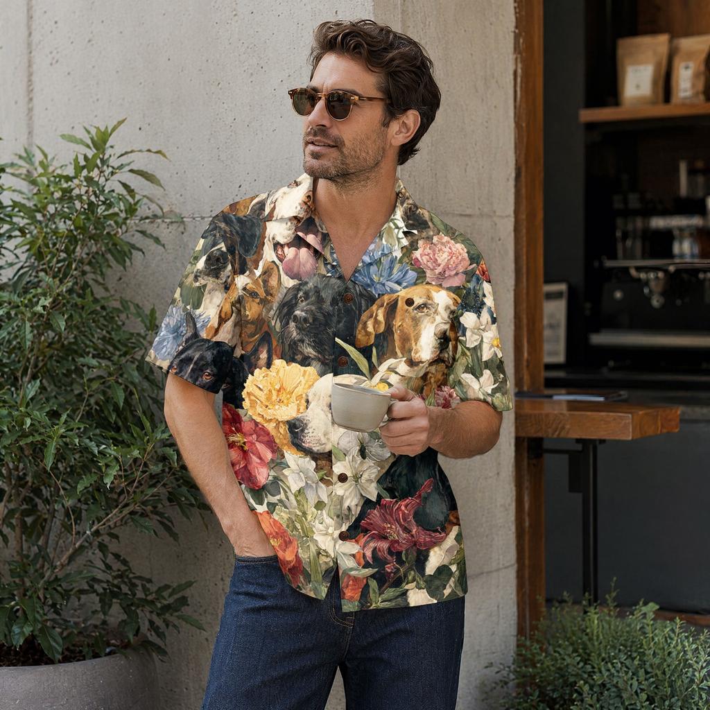 Men’s Short Sleeve Cotton Linen Shirt with Animal and Botanical Print Casual Collared Button Down Top for Spring and Summer