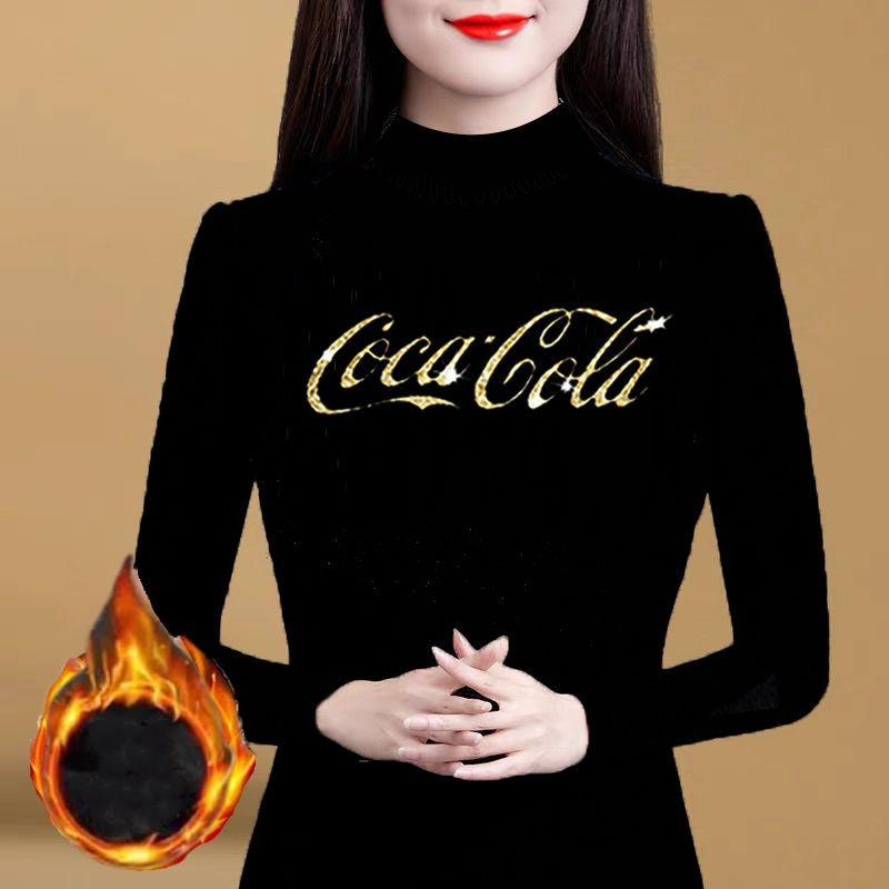 Autumn Winter Women Diamonds Fleece Black Slim T-Shirt Version Fashion Half High Neck Big Size Thicken Casual Long Sleeve Tops