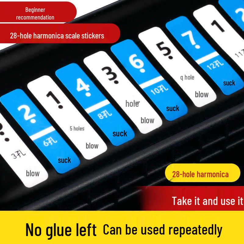 Harmonica Note Stickers for 24/28 Hole Double Reed C Key - Beginner-Friendly Numbered Full Scale for Adults and Kids Black variant (10-pack)