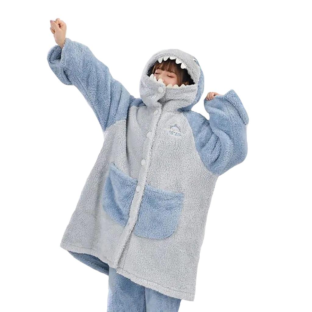 TOWYYO Shark Pajama Funny Open Cold Weather Loungewear for and and Size L Set, Unisex, Tail, Gloves, Hooded, Front, Fluffy, Warm, Loungewear, Spring,