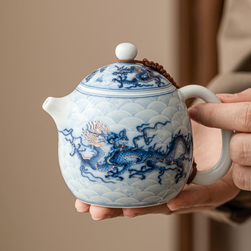 Metal Inlay Blue and White Dragon Teapot Single Ceramic Porcelain Chinese Kungfu Dragon Making Pot for Pu'er Tea