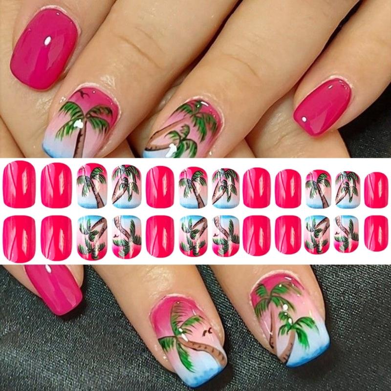 24 Pcs Summer Artificial Nail Short Square Full Cover False Nail Glossy Stick on Nail Coconut Tree Press On Nail