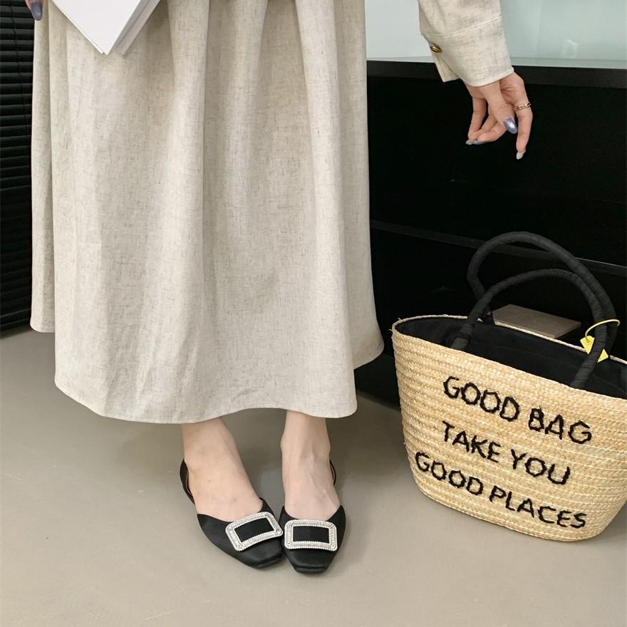 French retro satin silk square buckle high heels women's heel thick square head medium heel single shoes leather spring