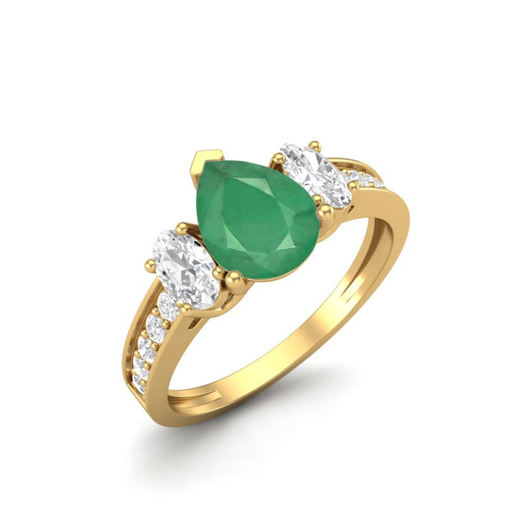 925 Sterling Silver Gold Vermeil 1.7 Cts Pear Emerald Three Stone Accent Wedding Women Ring