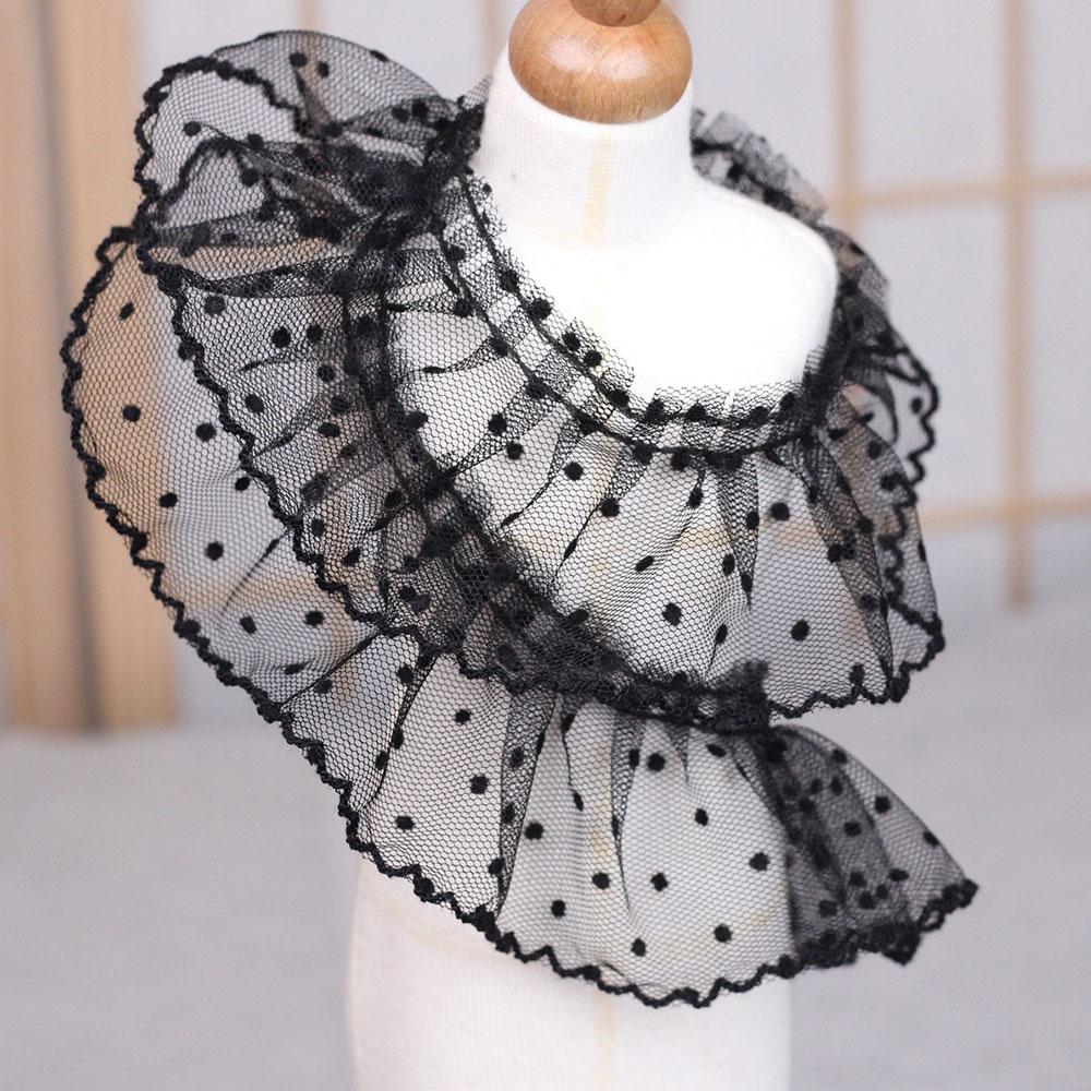 Luxury 5cm Wide 3D Pleated Lace Ribbon Black White Polka Dot Embroidery Ruffle Trim for DIY Doll Clothing Accessories