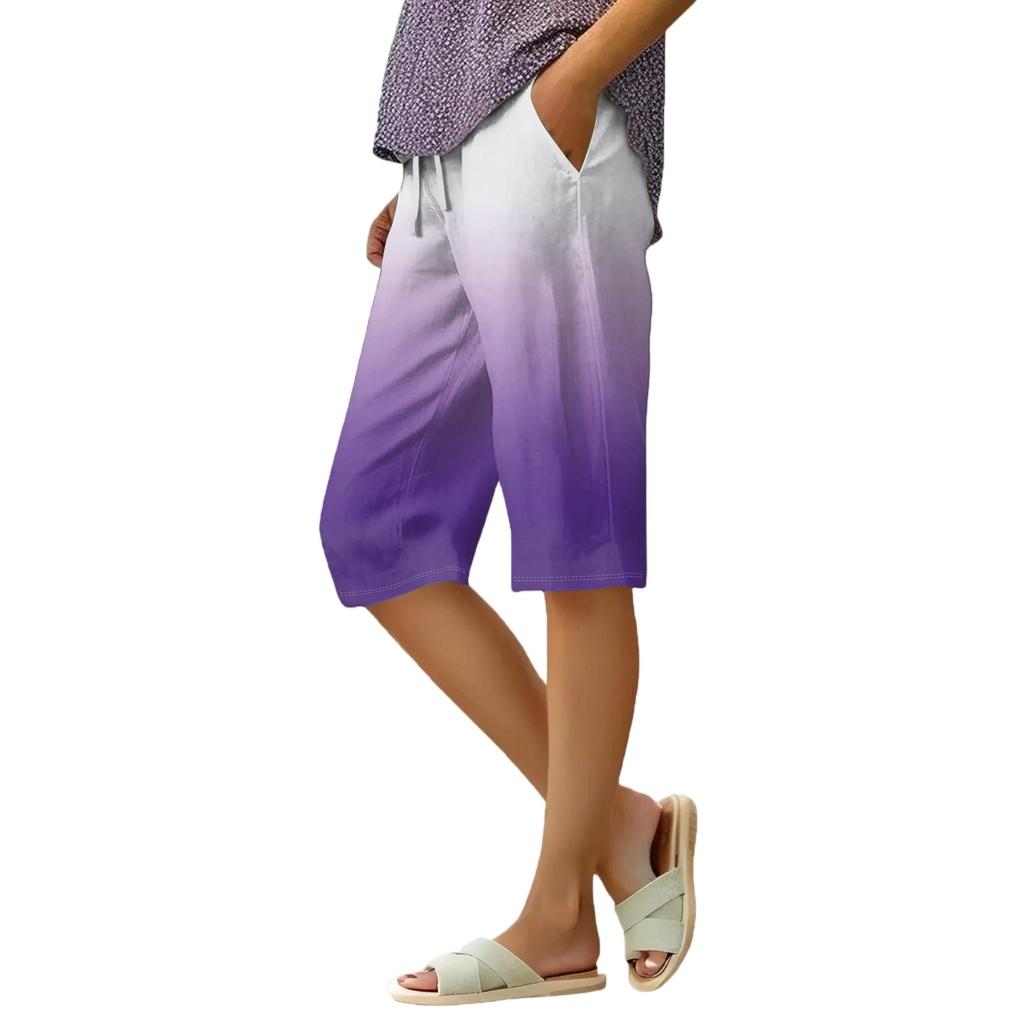 Women's Summer Elasticated Tie Waist Gradient Colour Cotton Linen Loose Shorts