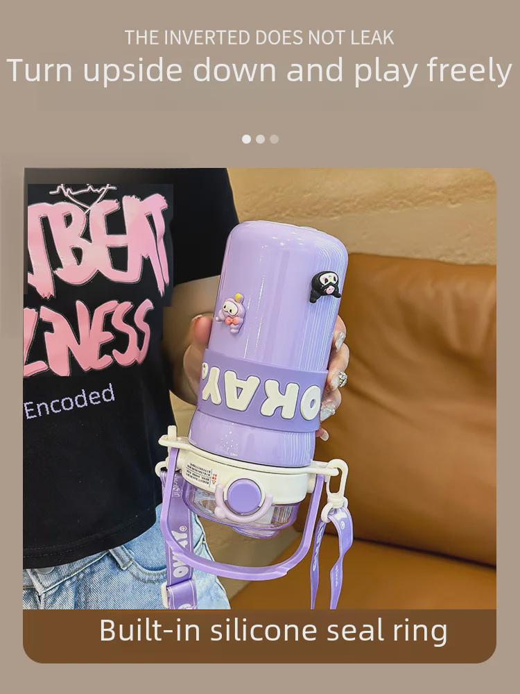 Girls' Stylish 316 Stainless Steel Thermos Cup with Straw & Crossbody Strap, Dual-Opening, 2023 Model