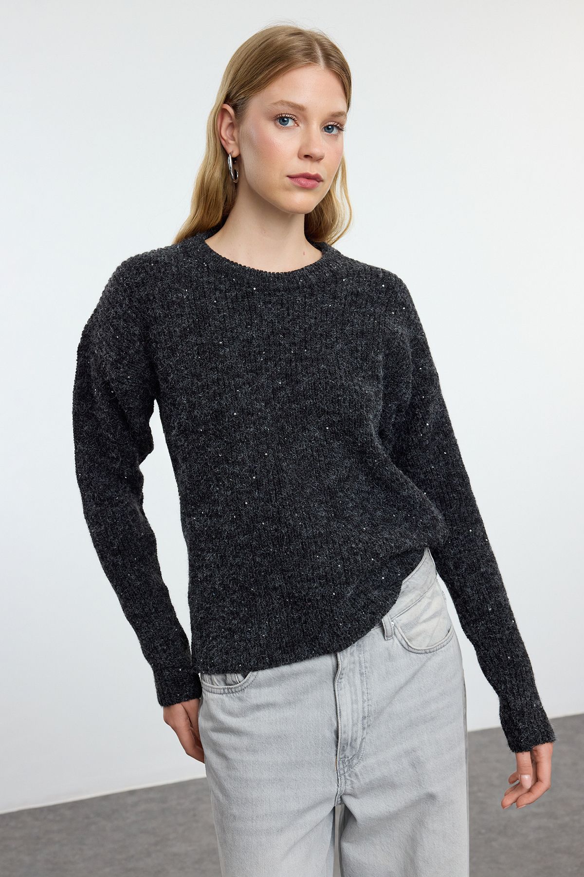 

Women s Elegance Style Sweater Anthracite Sequined Soft Textured Knitwear Sweater S
