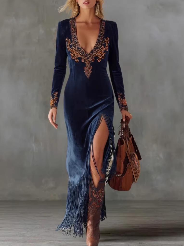 2025 Vintage Bohemian Tassel Floral V-neck Dress for Women – Spring/Autumn