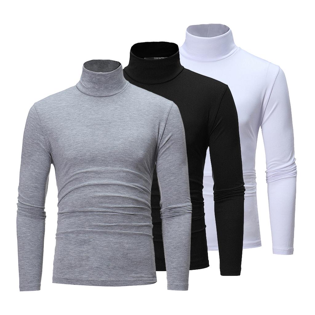 3Pcs Men Casual High Neck Long Sleeve T Shirt Solid Color Slim Fit Pullover Undershirt Thermal Base Layer Set