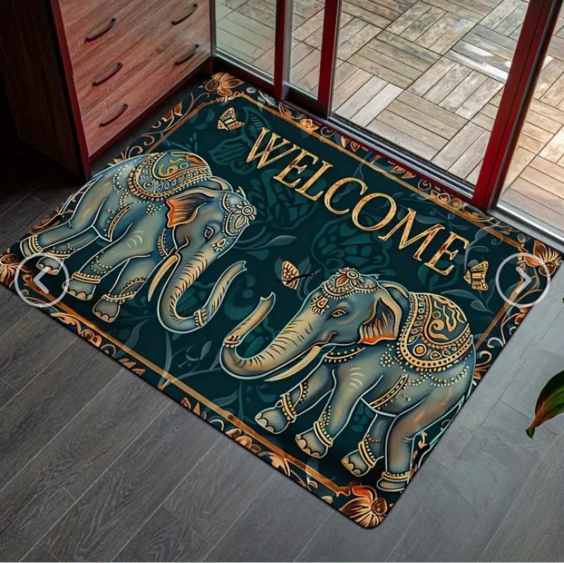 Boho Chic Elephant Print Floor Mat Distressed Look Door Mat for Home Entrance Indoor Hallway Garden, Patio, Balcony Carpet Decor