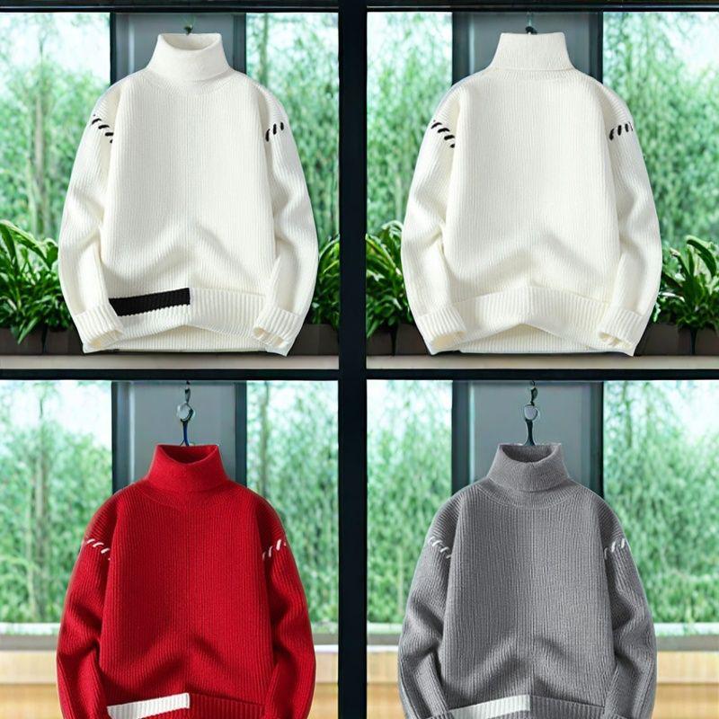 Suéter de Punto Grueso de Cuello Alto para Hombre - Manga Larga Color Sólido Top Casual de Moda