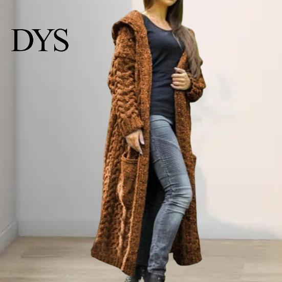 Hooded Coat Women Sweater Jacket with Pockets Mid Length Knitted Twisted Texture Solid Winter Color Long Sleeve Plus Size Thick Daily Commuting