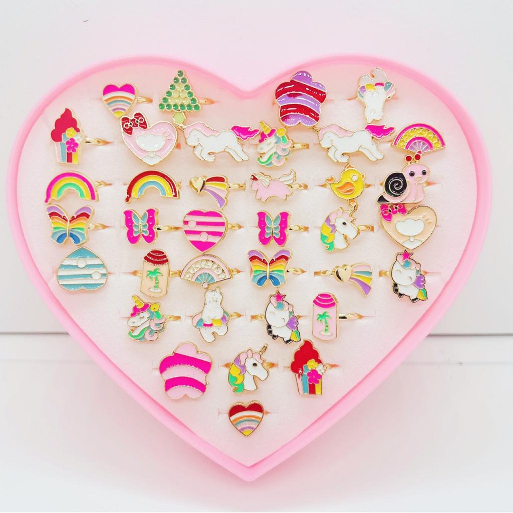 36 Anillos Ajustables para Niñas Juguetes de Maquillaje para Jugar a Fingir para niños Joyería de Dibujos Animados Anillos de Aleación Regalos de Cumpleaños para Niñas