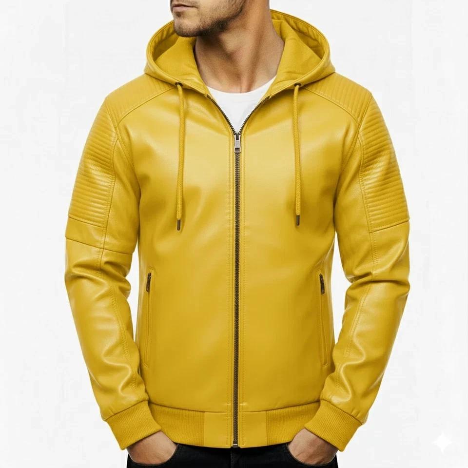 

Helloween Classic Lambskin Yellow Slim Fit Biker Hoodie Jacket Men s Leather Casual Handmade 3XL жовтий