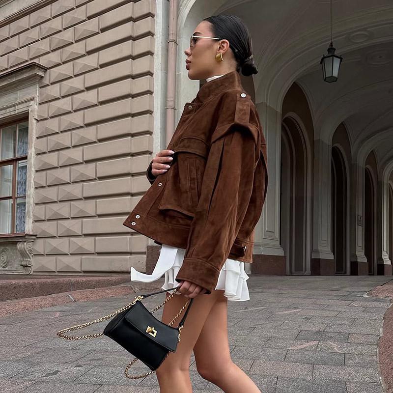 2025 Autumn/Winter Women's Trendy Wide Shoulder Suede Pocket Jacket