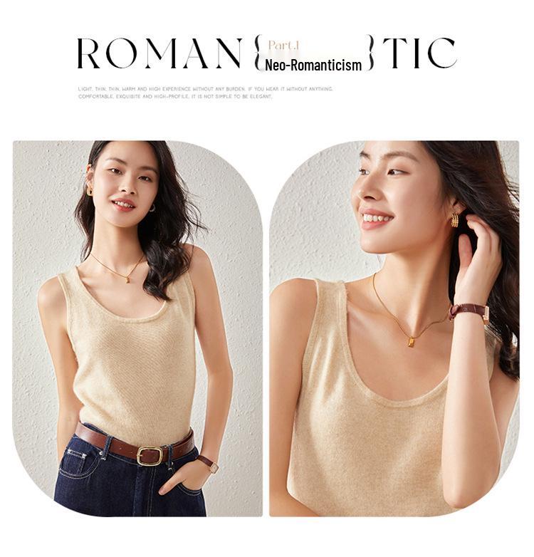 Women's Cashmere U-Neck Round Neck Knit Camisole - Solid Color, Warm, Twelve-Gauge