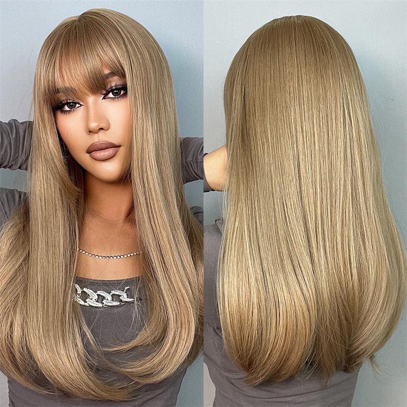 Cover Bangs Gradient Gray Long Silk Wigs High Temperature Chemical Fiber Wig Head Straight Hair