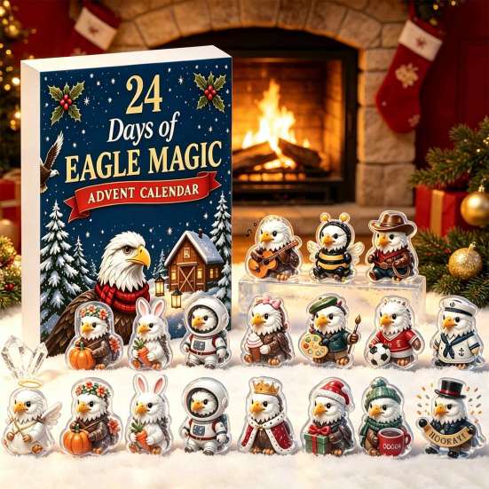 Holiday Countdown Activity Kit Eagle Advent Calendar, 24Pcs Acrylic 2D Ornament Set with Mini Festive Home Decoration Cartoon Figures, Christmas Tree