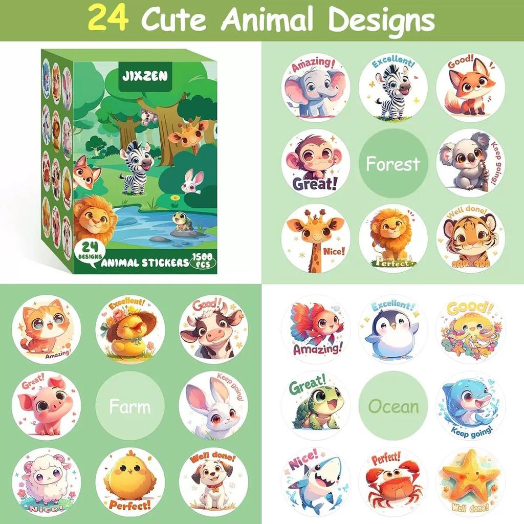 3 Rolls Animal Stickers 1500 PCS Bulk Toddlers 2-4 24 Designs Farm/Ocean/Wild Cute Waterproof Vinyl Motivational Words Kid
