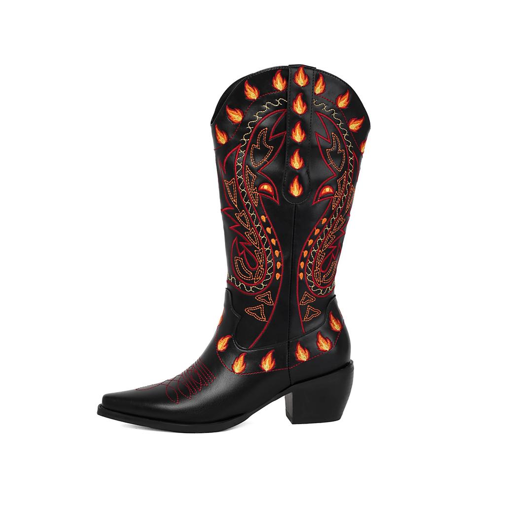 Krazing Po Polyurethane Winter Pointed Toe Western Boots Size 43 Sewing Embroidery Thick Heels Mid-calf Boots