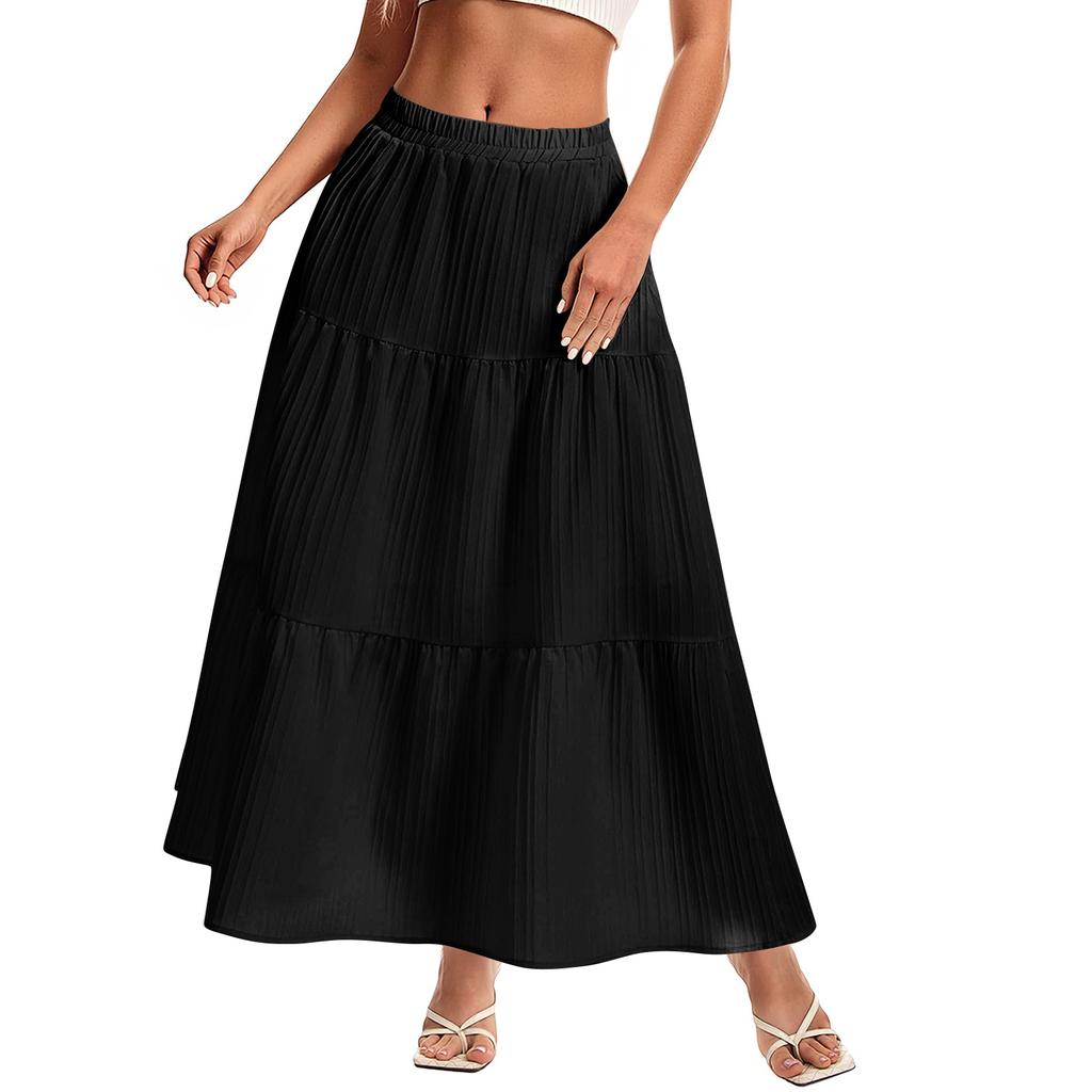 Women's High Waist Pleated Maxi Skirt Elastic Waistband Flowy Lightweight Long Skirt Tiered A Line Design Suitable for Casual and Daily Wear