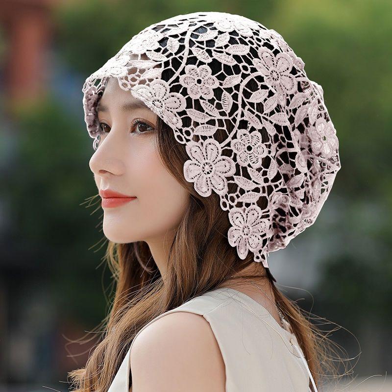 Hats for Ladies In Spring and Autumn Thin Breathable Hooded Lace Headscarf Flower Pile Hats