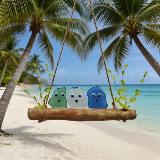 Colorful Sea Glass Bird Perch Handmade Sea Glass Birds on Branch Wall Art for Coastal Home Garden Window Hanging