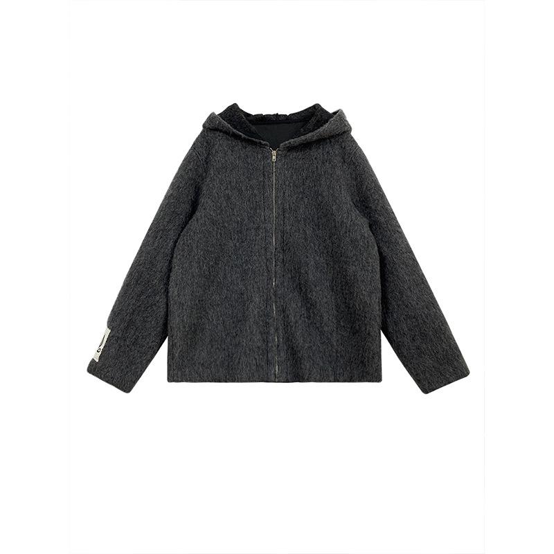 

Женская шерстяная куртка-свитер свободного покроя с капюшоном в корейском стиле - двойная молния, однотонный, ленивый кардиган на осень/зиму 2024 г. XL (120-150 lbs) серый