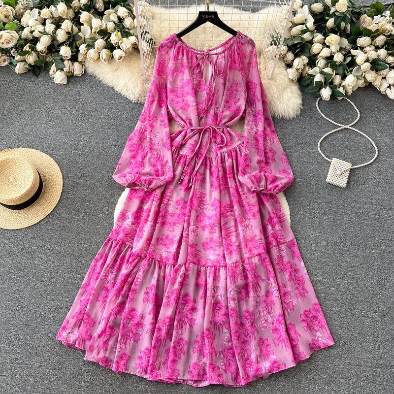 

Retro Lantern Sleeve Lace-up Stylish Floral Dress Rose Pink All yards
