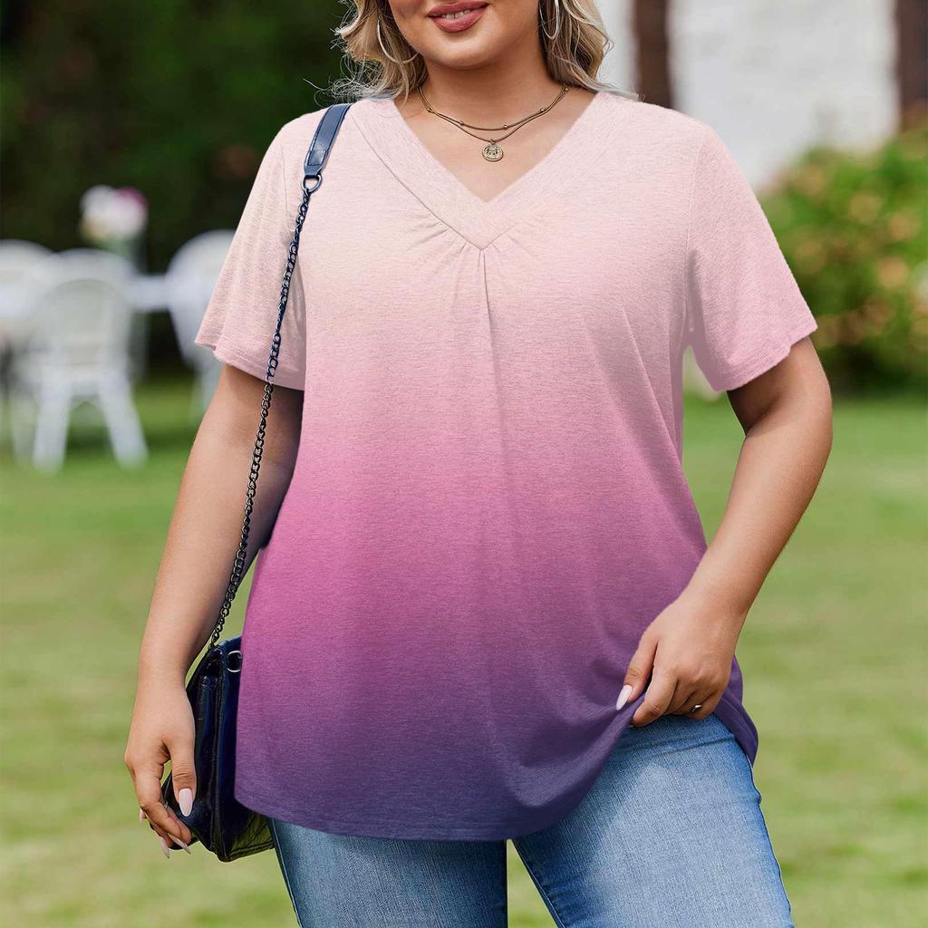 Damska Modna Codzienna Luźna Bluzka Plus Size z Krótkim Rękawem Elegancka z Dekoltem V Do Pracy