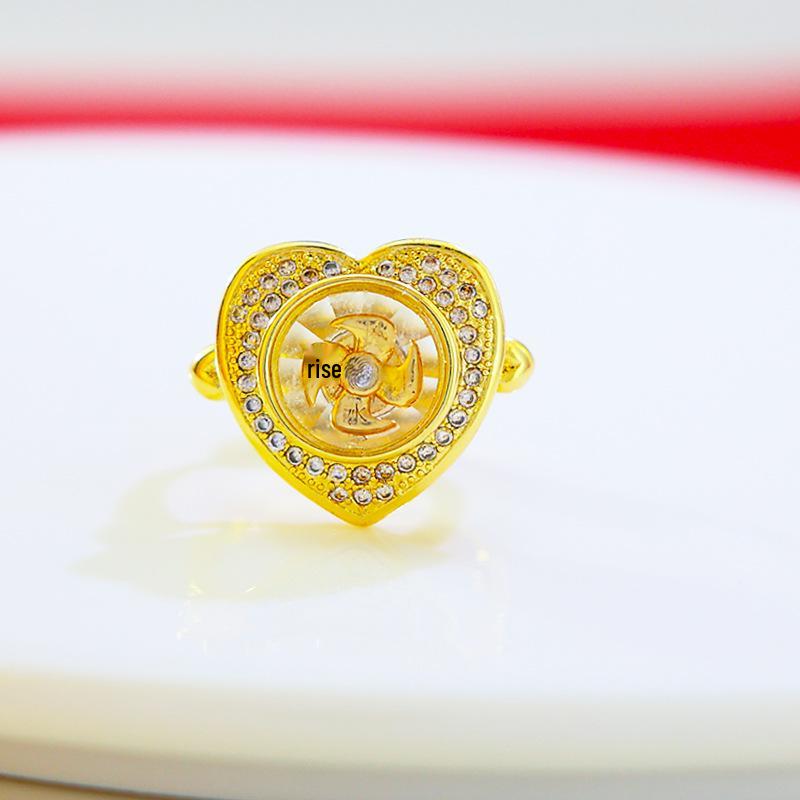 Southeast Asian Windmill Zircon Ring: Rotatable Heart Design with Inlaid Diamonds for Women